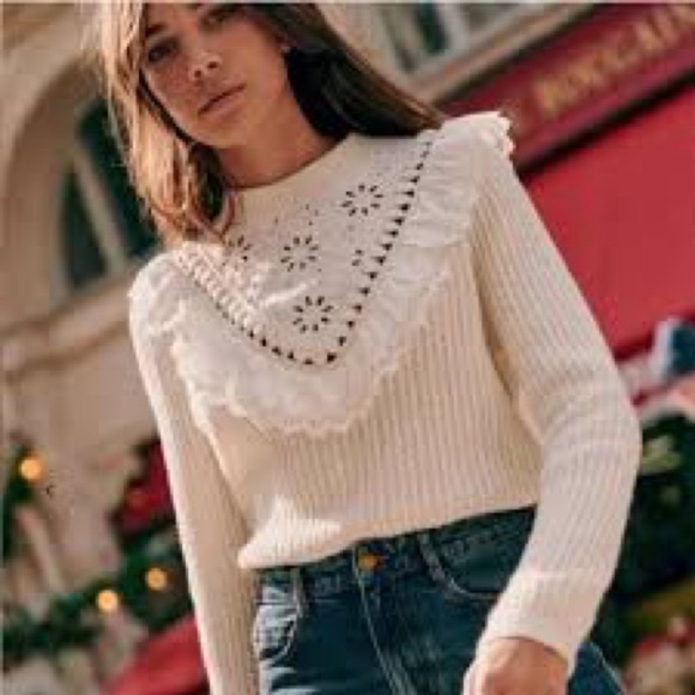 Sezane Cream Eyelet Sweater